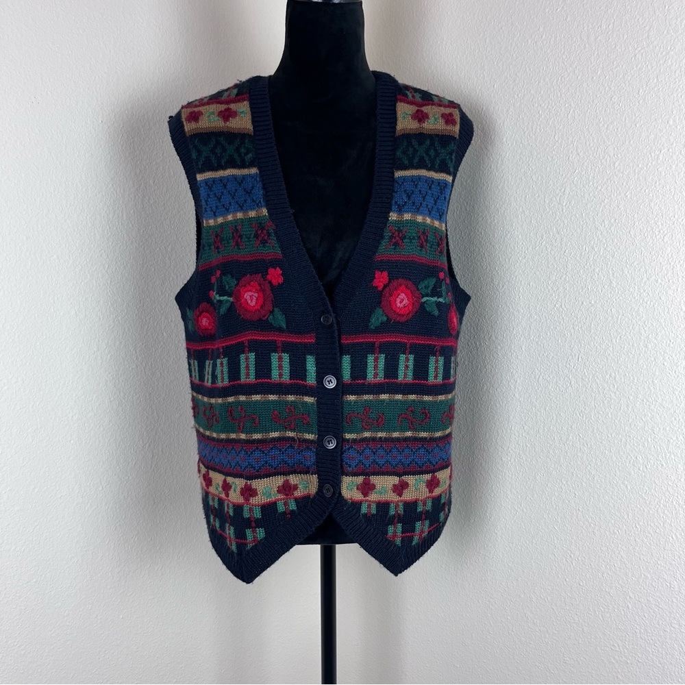 Vintage Alfred Dunner Sweater Vest Womens Large Wool Blend Floral Stripe Cottage
